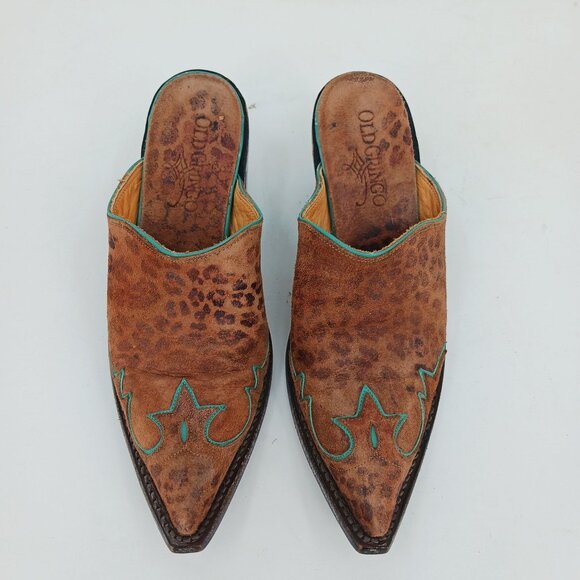 Old Gringo Leopard Print Suede Mules Size 5B Turquoise Trim Western Cowgirl - Picture 3 of 13